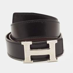 Hermes Black/Ebene Box and Togo Leather Guilloche H Buckle Reversible Belt 85CM