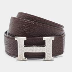 Hermes Black/Ebene Box and Togo Leather Guilloche H Buckle Reversible Belt 85CM