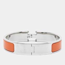 Pre Owned Hermes Clic  H Orange Enamel Palladium Plated Narrow Bracelet 