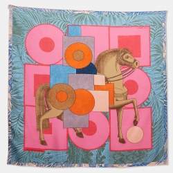 Pre Owned Hermès Rose Vif/Bleu Cavalier en Formes Silk Scarf