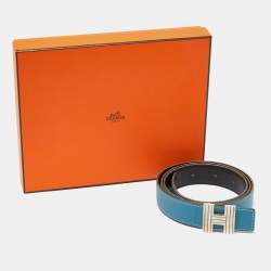 Pre Owned Hermes Black/Bleu Jean Box/Togo Leather Cadena H Reversible Belt 110CM