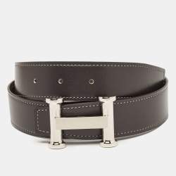 Hermes Graphite/Vert De Gris Chamonix and Togo Leather Agora Buckle Belt 80 CM