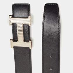 Hermes Noir/Chocolat Chamonix and Togo Leather H Striee Buckle Reversible Belt 85 CM