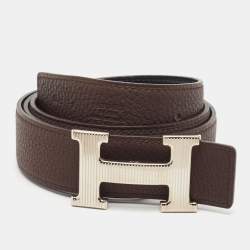 Hermes Noir/Chocolat Chamonix and Togo Leather H Striee Buckle Reversible Belt 85 CM