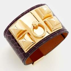 Pre Owned Hermes Collier De Chien Alligator Leather Gold Plated Bracelet