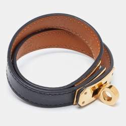 Pre Owned Hermes Kelly Black Leather Gold Plated Double Tour Bracelet