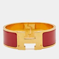 Pre Owned Hermès Clic Clac H Enamel Gold Plated Wide Bracelet