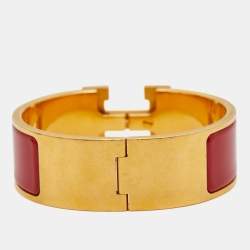 Pre Owned Hermès Clic Clac H Enamel Gold Plated Wide Bracelet