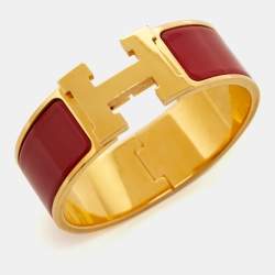Pre Owned Hermès Clic Clac H Enamel Gold Plated Wide Bracelet