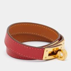 Hermes Kelly Red Swift Leather Gold Plated Double Tour Bracelet
