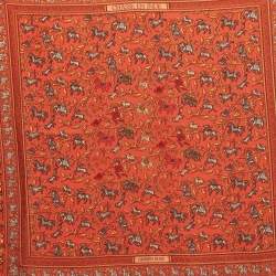 Pre Owned Hermes Orange Cashmere and Silk Chasse En Inde Scarf