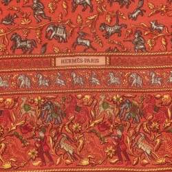 Pre Owned Hermes Orange Cashmere and Silk Chasse En Inde Scarf