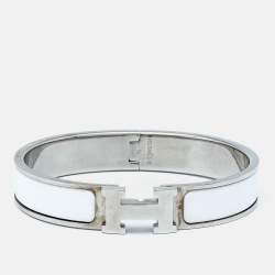 Pre Owned Hermès Clic H White Enamel Palladium Plated Narrow Bracelet