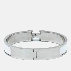 Pre Owned Hermès Clic H White Enamel Palladium Plated Narrow Bracelet