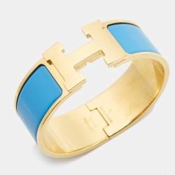 Pre Owned Hermes Clic Clac H Blue Enamel Gold Plated Bracelet