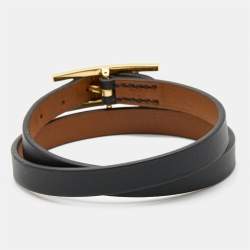 Hermes Behapi Black Leather Gold Plated Double Tour Reversible Bracelet 