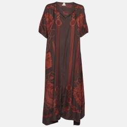 Hermes Brown Les Tambours Print Silk Tunic Midi Dress L