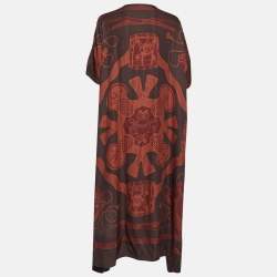 Hermes Brown Les Tambours Print Silk Tunic Midi Dress L