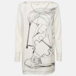 Hermes White Printed Silk and Knit Projets Carre au Crayon Top L