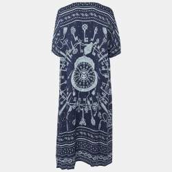 Pre Owned Hermes Navy Blue Printed Silk Kaftan Midi Dress M