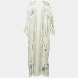 Pre Owned Hermes Cream Printed Silk Kimono Maxi Dress M