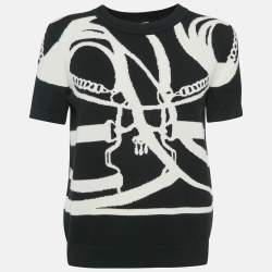 Hermes Black/White Patterned Cashmere Knit Crew Neck T-Shirt L
