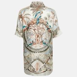 Hermes Beige Aloha Print Linen Knit and Silk V-Neck Blouse L