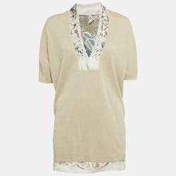 Hermes Beige Aloha Print Linen Knit and Silk V-Neck Blouse L