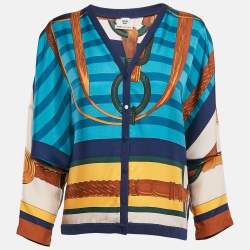 Hermes Blue Printed Silk and Knit Button Front Cardigan M