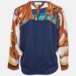 Hermes Blue Printed Silk and Knit Button Front Cardigan M