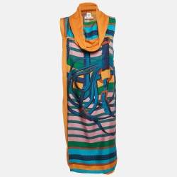 Hermès Blue/Brown Print Silk and Knit Sleeveless Shift Dress M