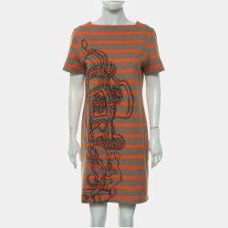 Pre Owned Hermes Brown, Orange Cotton Stripes Dress FR Women 40