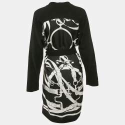 Hermes Black Promenade du Matin Remix Print Silk and Wool Knit Long Twillaine Cardigan M