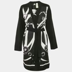 Hermes Black Promenade du Matin Remix Print Silk and Wool Knit Long Twillaine Cardigan M