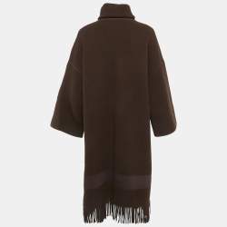 Hermes Brown Wool Knit Fringed Turtle-Neck Poncho Coat M