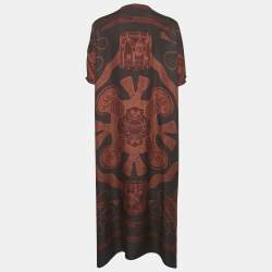 Hermes Brown Printed Silk Les Tambours Tunic Midi Dress S