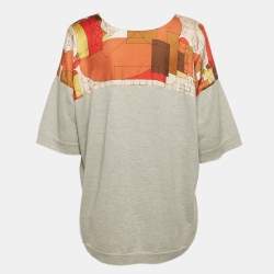 Hermes Grey/Multicolor Geometric Print Silk and Cotton Knit Top S