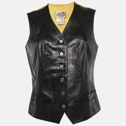 Hermes Black/Yellow Printed Crepe and Leather Vest L