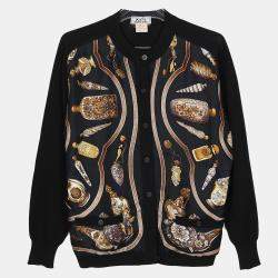 Hermes Black Wool Multicolor Silk Round Neck Cardigan Size 40
