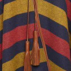 Hermès Blue Checks Leather Trim Wool Fringed Poncho One Side