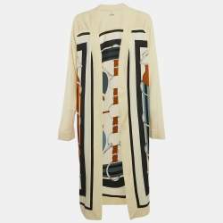 Hermès Multicolor/Cream Printed Cashmere Knit and Silk Open Front Long Cardigan L