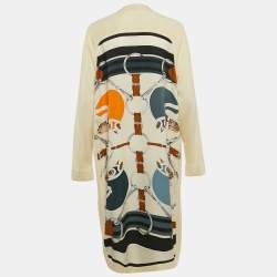 Hermès Multicolor/Cream Printed Cashmere Knit and Silk Open Front Long Cardigan L