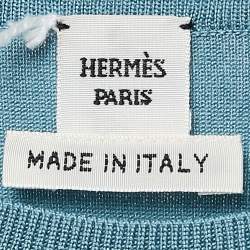 Pre Owned Hermes Blue Scarf Print Silk and Jersey Crew Neck Sweater Top