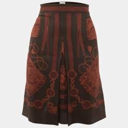 Hermes Dark Brown Printed Silk Pleat Detail Mini Skirt M
