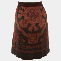 Hermes Dark Brown Printed Silk Pleat Detail Mini Skirt M