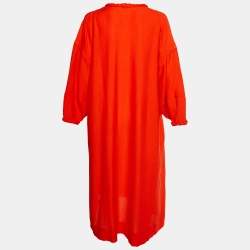 Pre Owned Hermes Bright Red Silk V-Neck Long Tunic Dress S