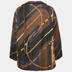 Hermes Navy Blue Printed Silk Padded Open Front Jacket L