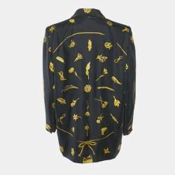 Hermès Vintage Navy Blue Scarf Print Silk Blazer L