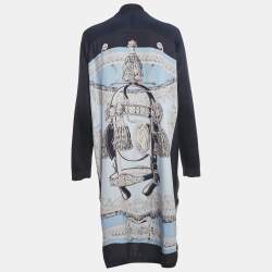 Pre Owned Hermes Navy Blue Printed Silk and Silk Knit Open Front Cardigan XL