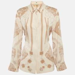 Pre Owned Hermes Beige Printed Silk Les Tambours Finesse Panel Shirt M
